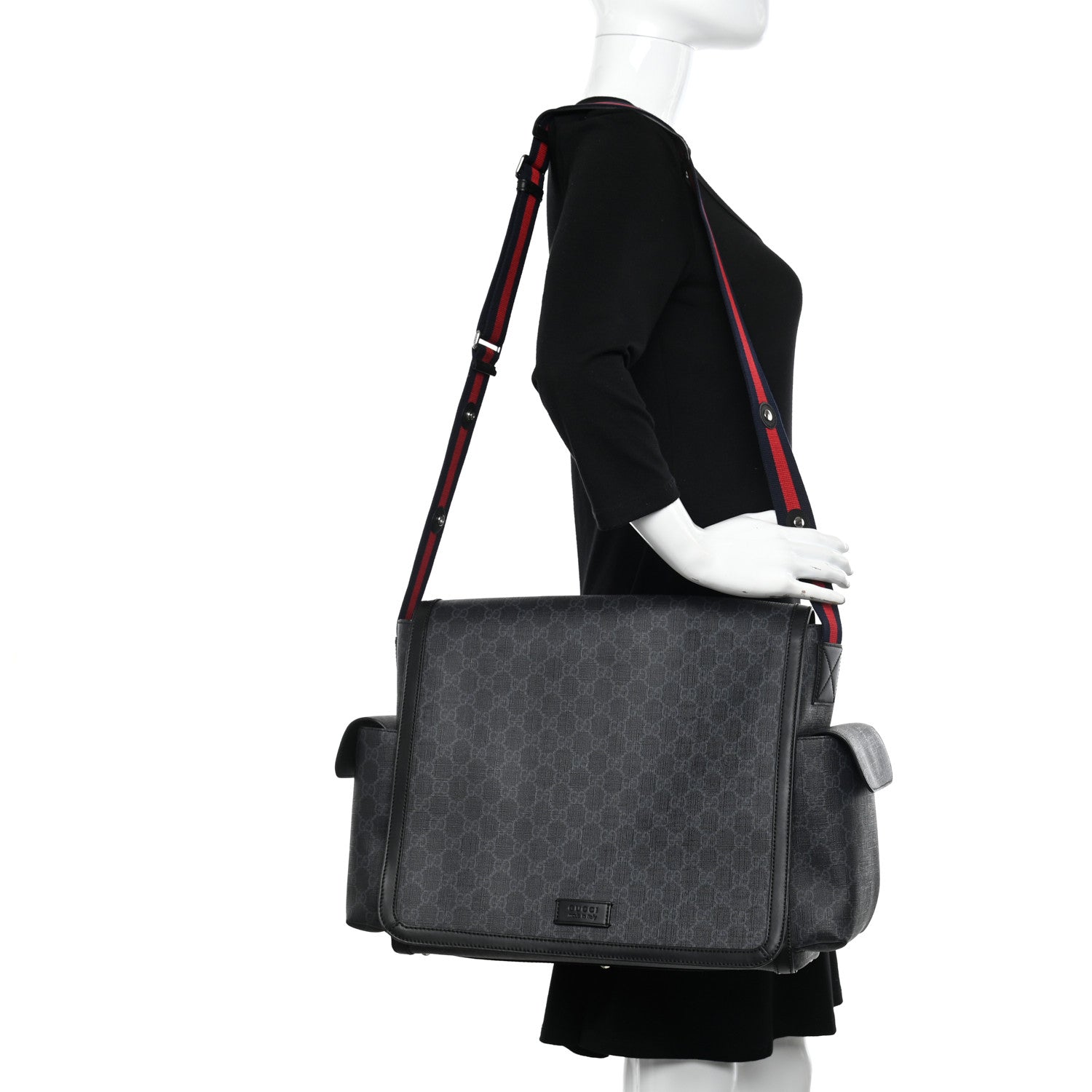 Gucci GG Supreme Monogram Web Messenger Diaper Bag Black Grey 2 of 13