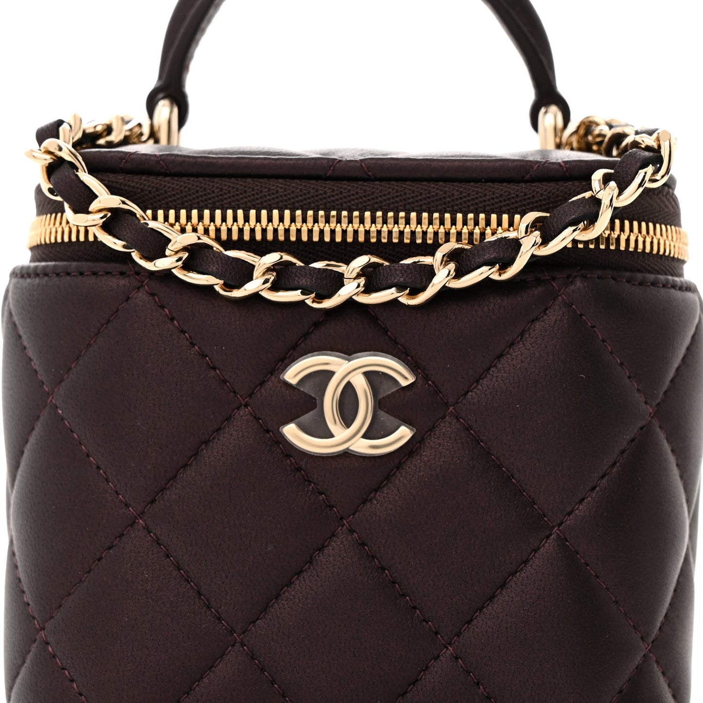Iridescent Lambskin Quilted Mini Top Handle Vanity Case With Chain Burgundy