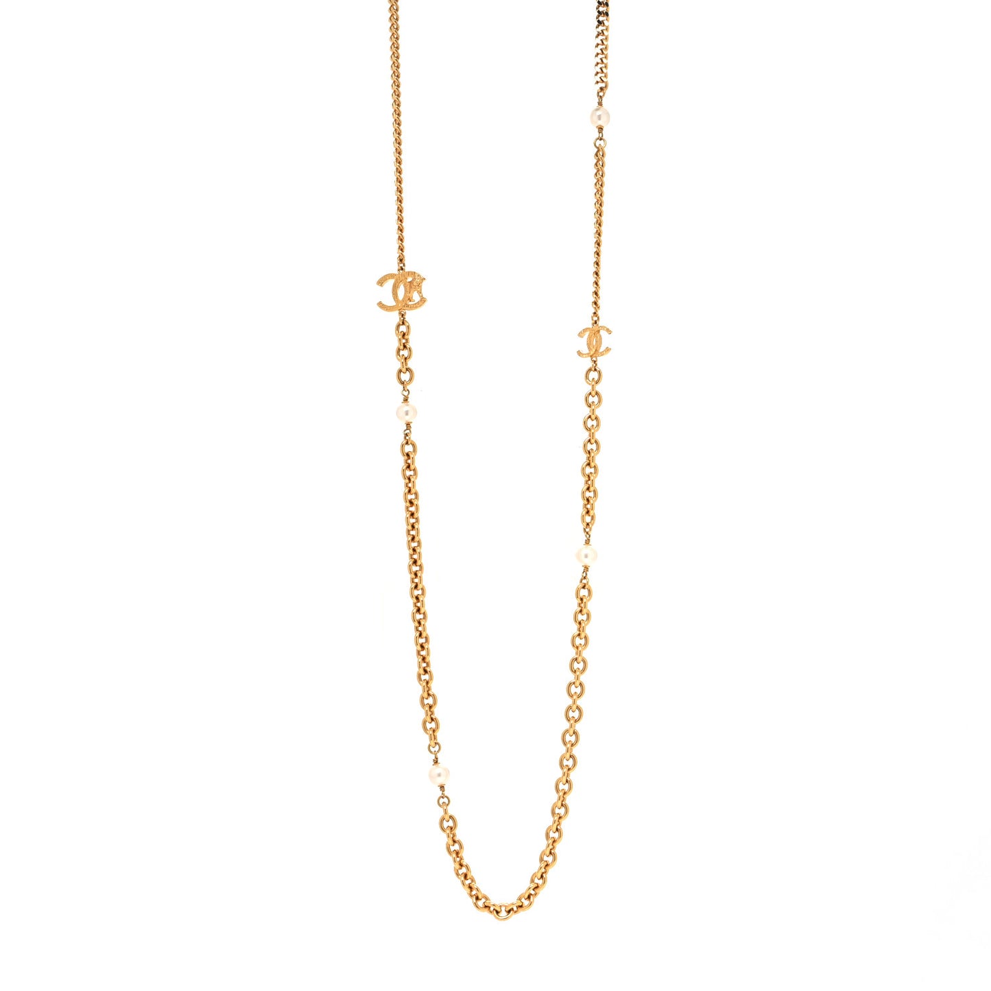 Pearl Crystal CC Chain Long Necklace Gold