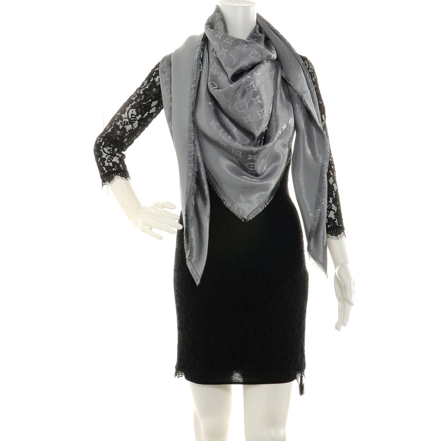 Silk Lurex Wool Monogram Shine Shawl Pearl Grey