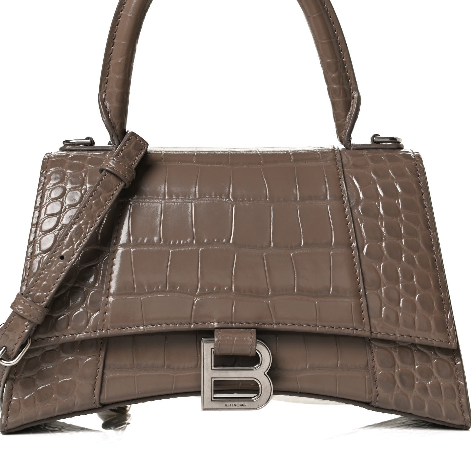 Balenciaga Shiny Calfskin Crocodile Embossed Small Hourglass Top Handle Bag Mink Grey 8 of 14
