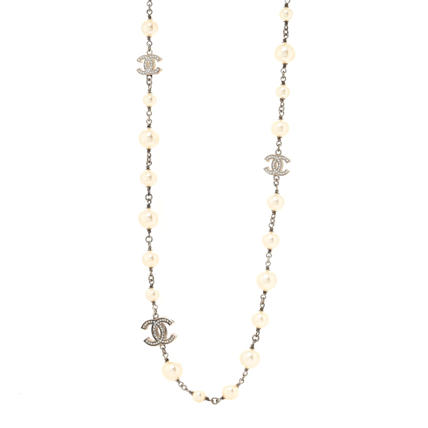 Graduated Pearl Crystal CC Long Necklace Silver