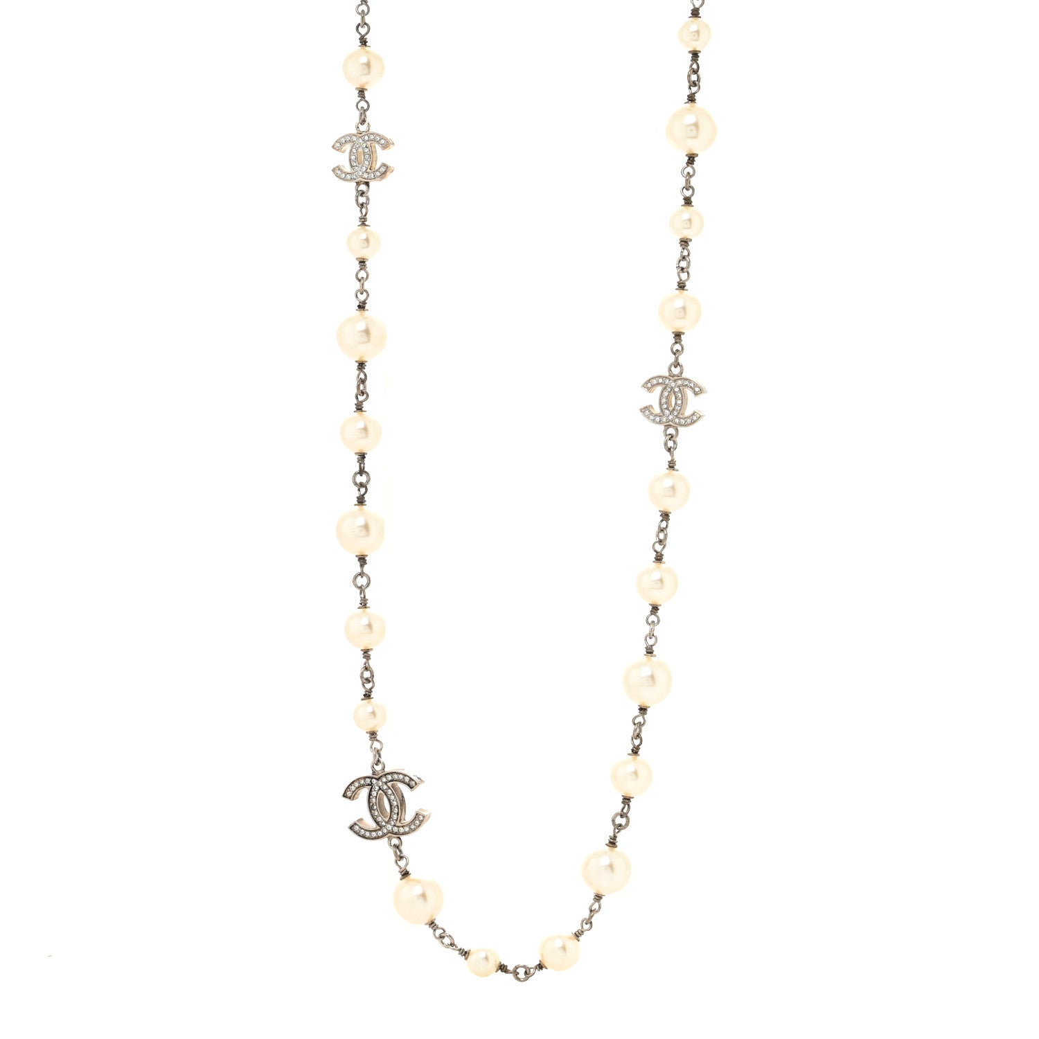 Chanel Graduated Pearl Crystal CC Long Necklace Silver 1 of 3