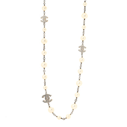 Chanel Graduated Pearl Crystal CC Long Necklace Silver 1 of 3