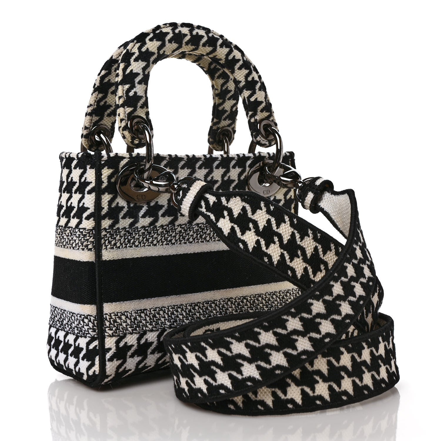 Christian Dior Canvas Houndstooth Embroidered Mini Lady D-Lite Black White 3 of 9