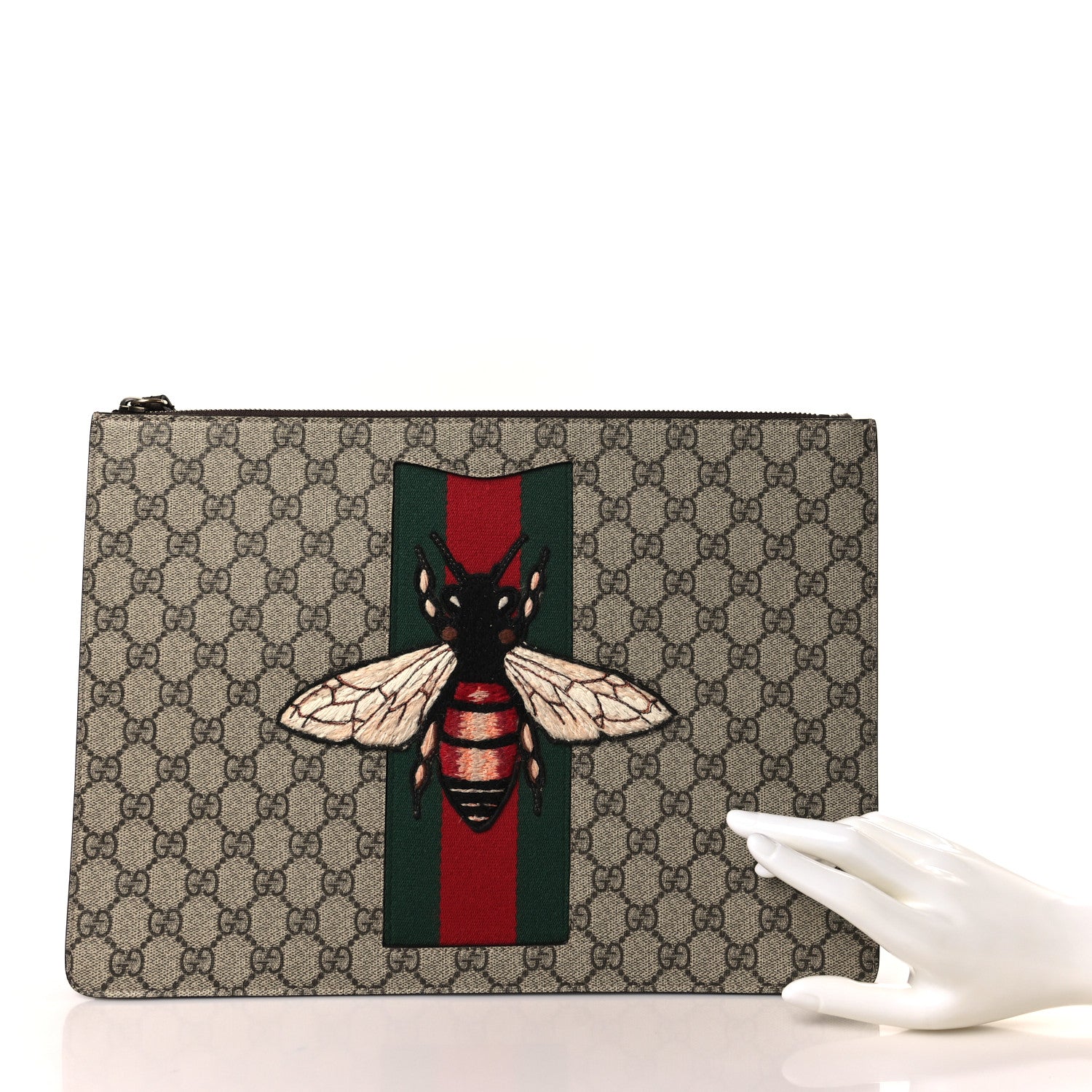 Gucci GG Supreme Monogram Web Animalier Bee Embroidered Medium Documents Holder Beige New Acero 2 of 9