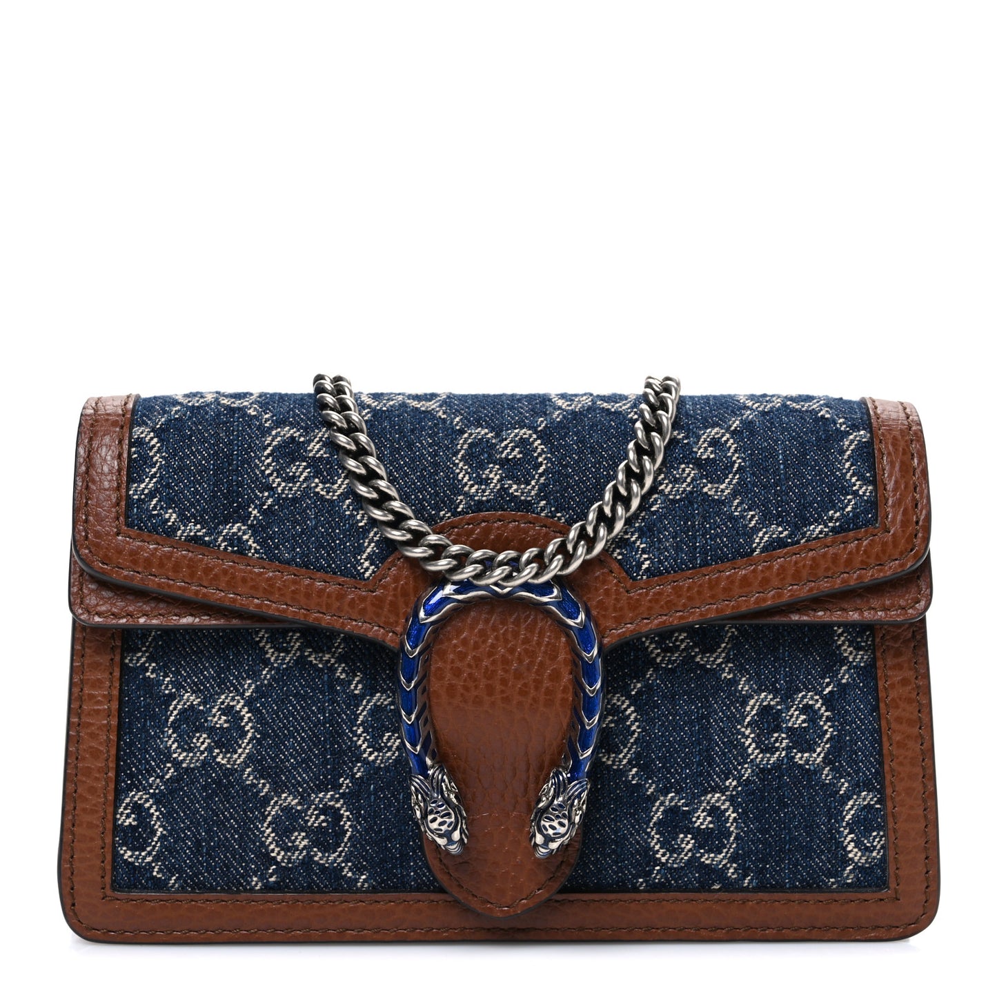 New Denim GG Monogram Dollar Calfskin Enamel Super Mini Dionysus Shoulder Bag Blue Tea Cuir Epilog Electric Blue