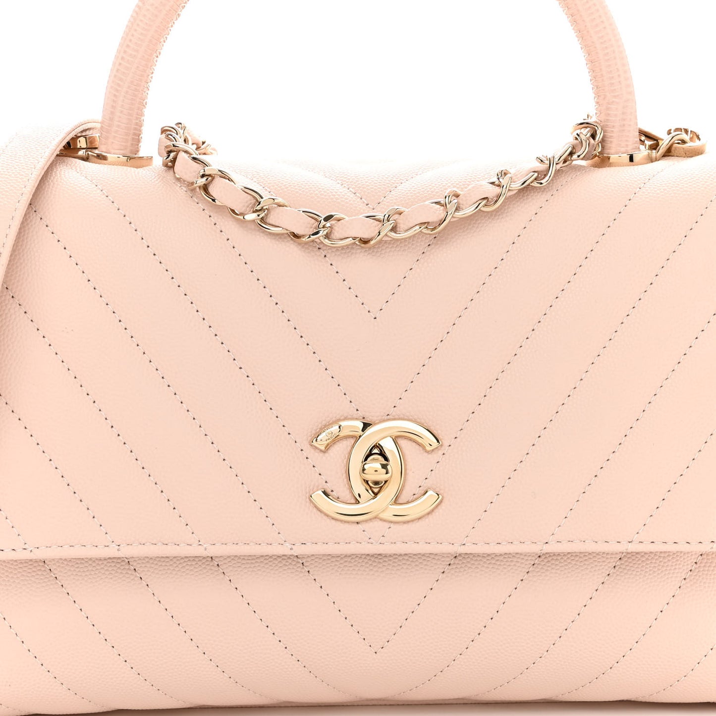Caviar Lizard Chevron Quilted Small Coco Handle Flap Beige