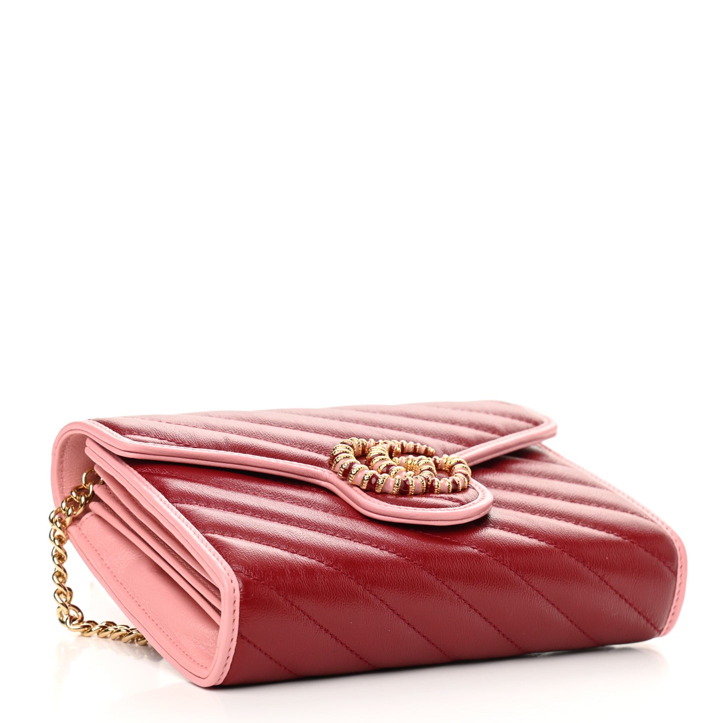 Azalea Calfskin Enamel Matelasse Diagonal Torchon GG Marmont Chain Wallet New Cherry Red Wild Rose