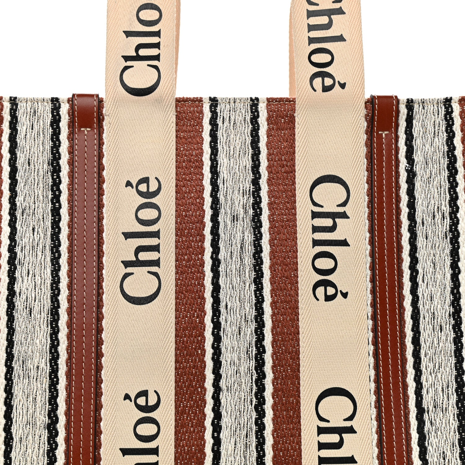 Chloe Woven Linen Large Woody Striped Ribbon Tote Sepia Brown 8 of 13