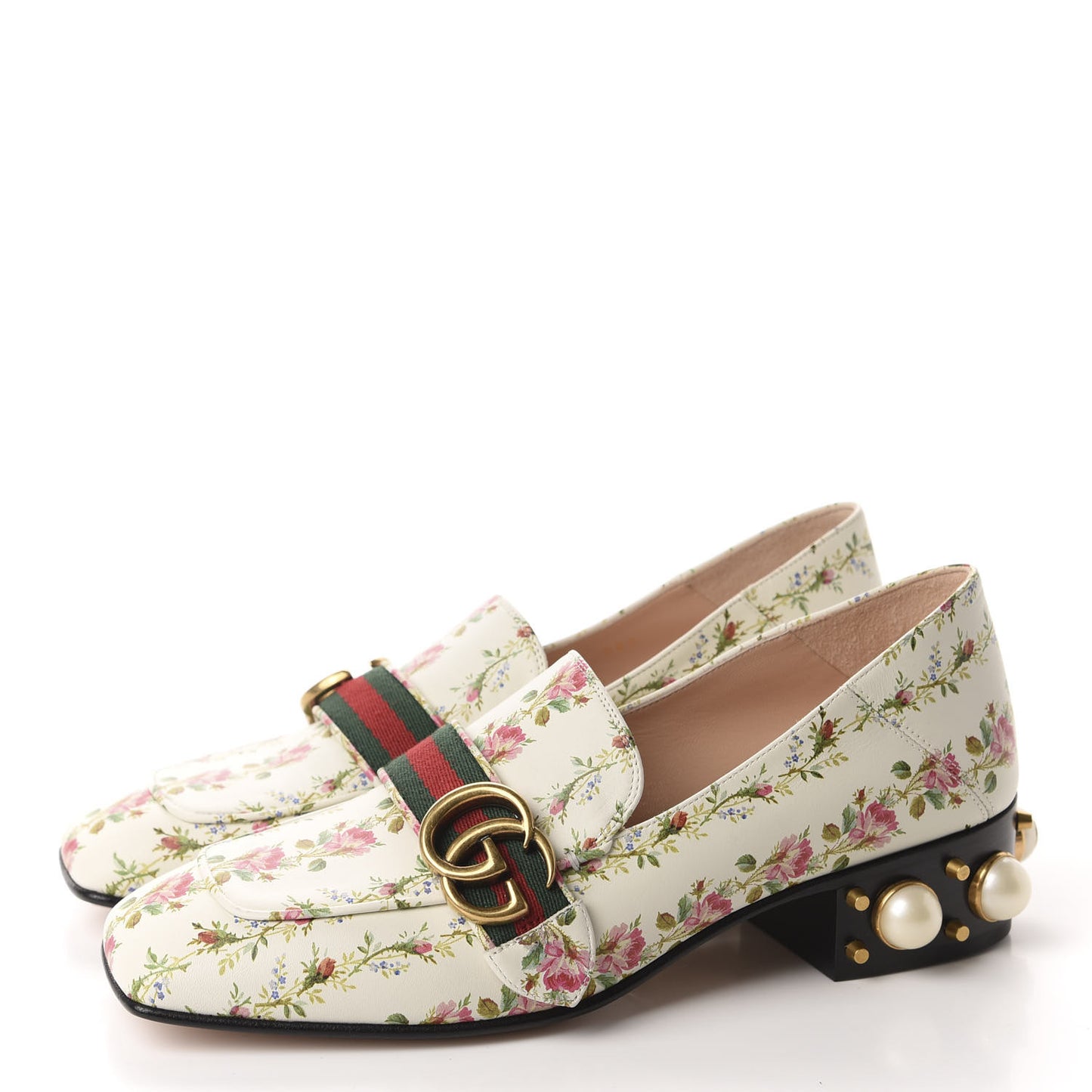 Calfskin Web Pearl Floral Embellished Peyton Loafer 38 White Multicolor