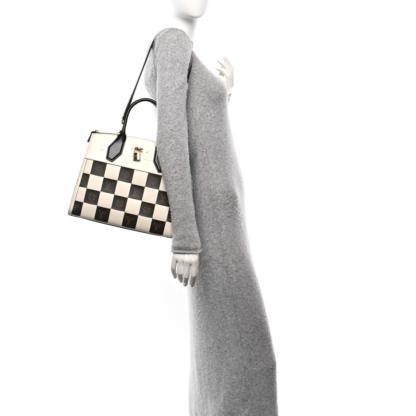 Calfskin Monogram Damier Tressage City Steamer MM Creme