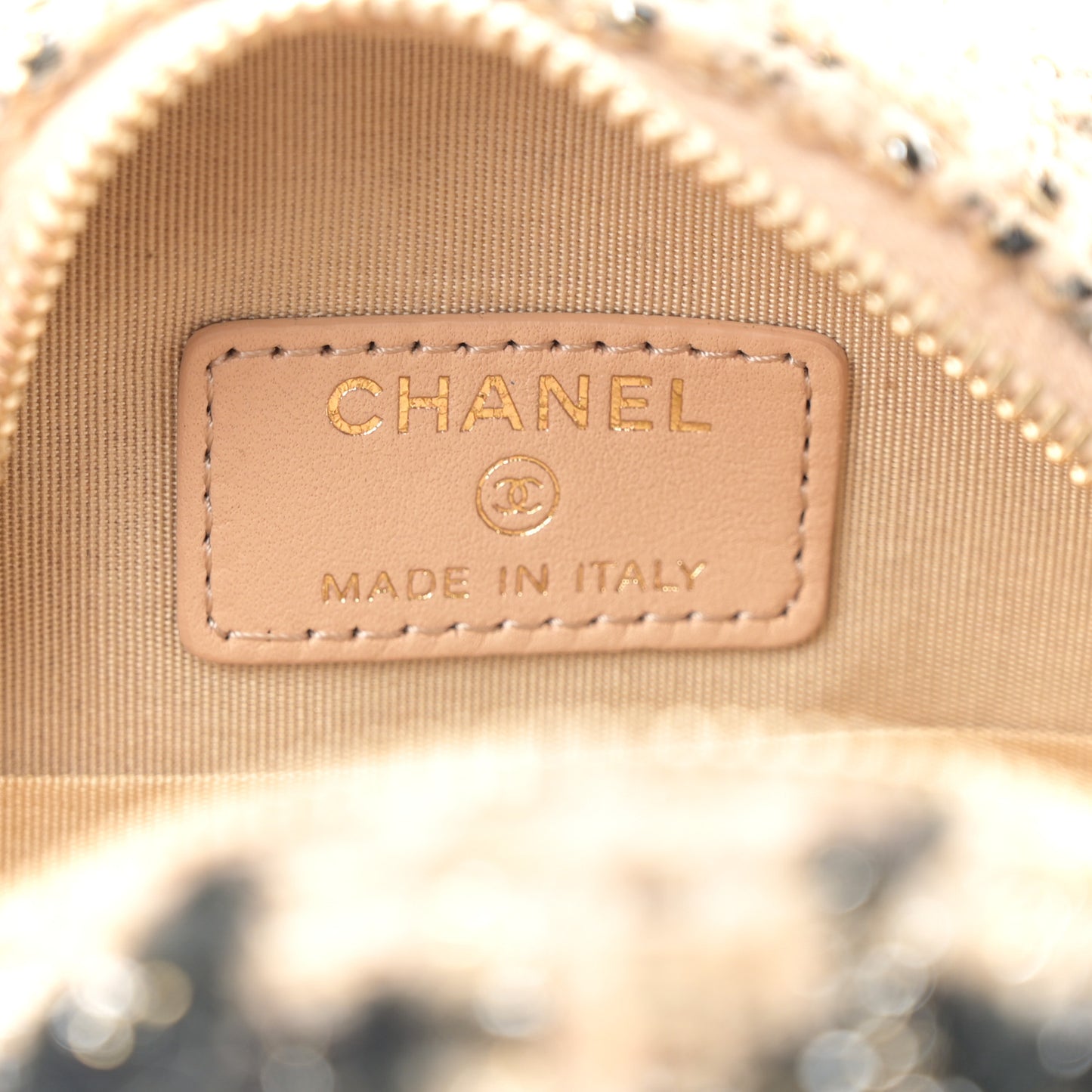 Wool Tweed Lambskin Quilted Chanel 19 Round Clutch With Chain and Coin Purse Beige Black