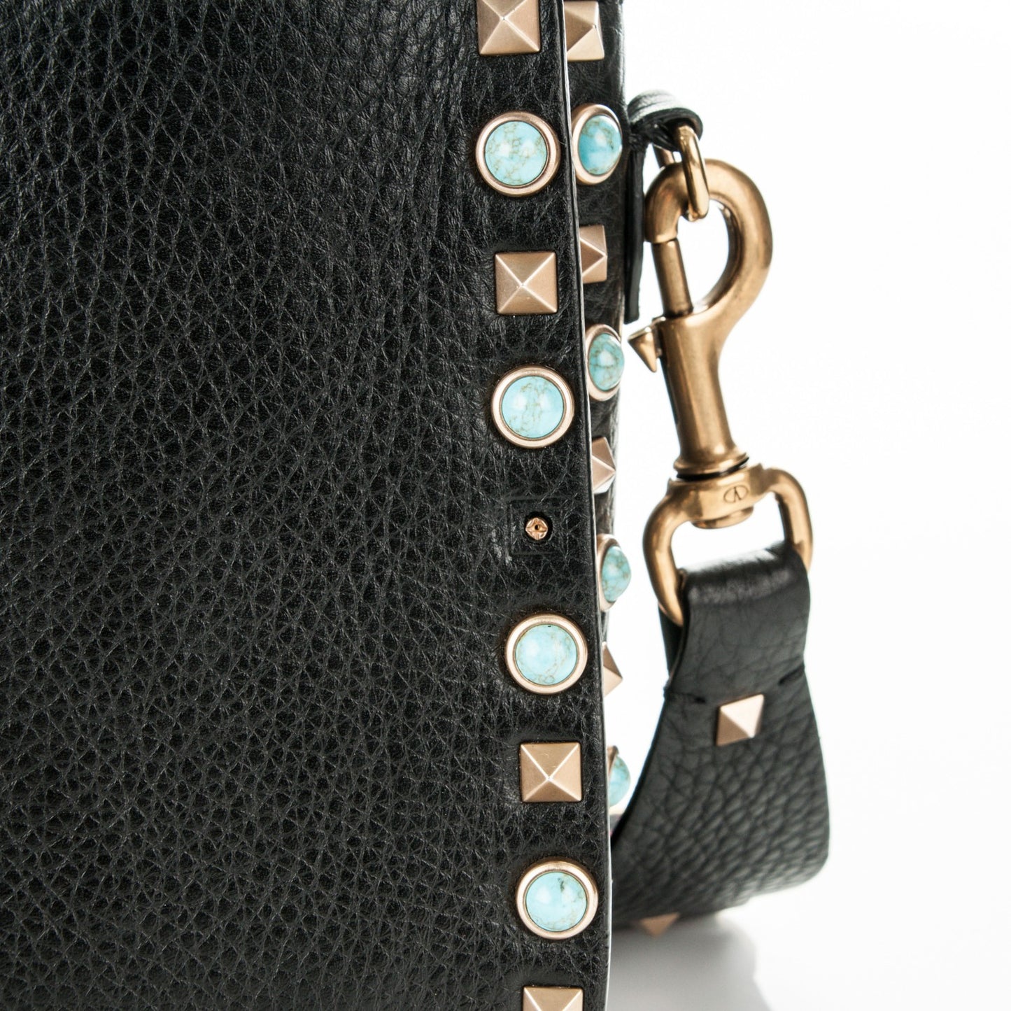 Pebbled Calfskin Turquoise Medium Guitar Strap Rockstud Rolling Flap Saddle Bag Black