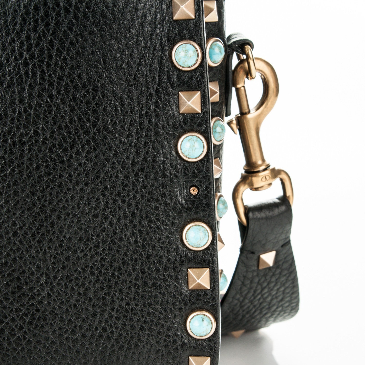 Valentino Garavani Pebbled Calfskin Turquoise Medium Guitar Strap Rockstud Rolling Flap Saddle Bag Black 5 of 7