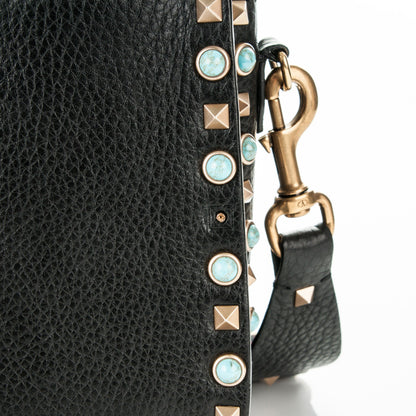 Valentino Garavani Pebbled Calfskin Turquoise Medium Guitar Strap Rockstud Rolling Flap Saddle Bag Black 5 of 7