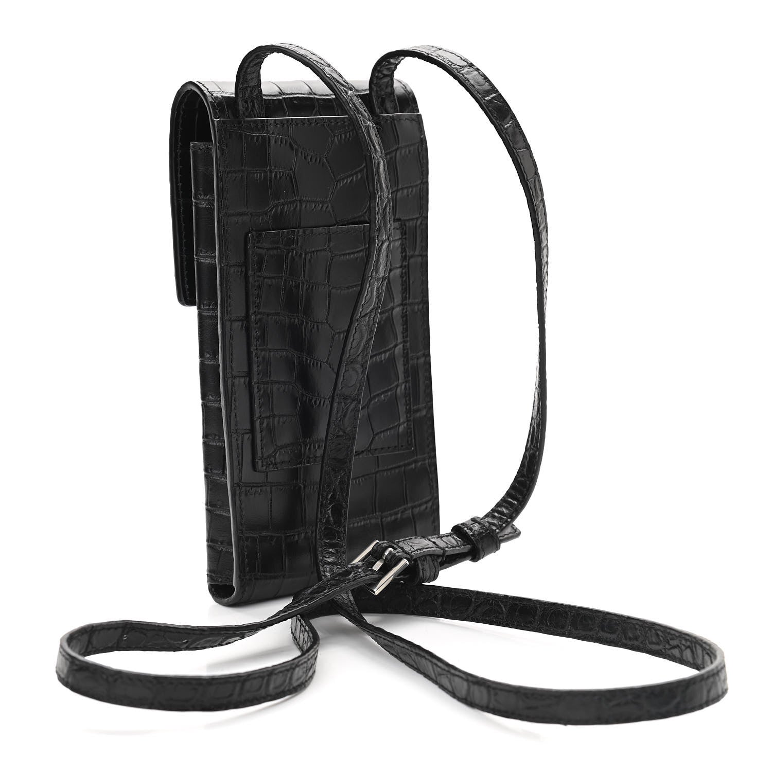Saint Laurent Calfskin Crocodile Embossed Phone Holder Crossbody Black 3 of 10