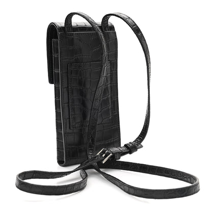 Saint Laurent Calfskin Crocodile Embossed Phone Holder Crossbody Black 3 of 10