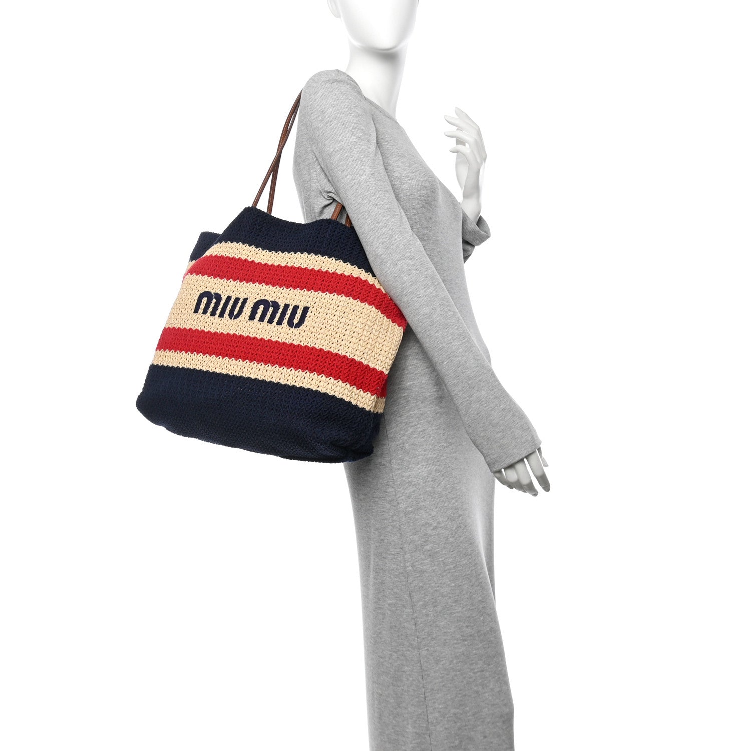 Miu Miu Raffia Crochet Stripe Tote Natural Blue 2 of 9