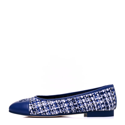 Chanel Tweed Lambskin CC Cap Toe Ballerina Flats 40 White Blue 1 of 9