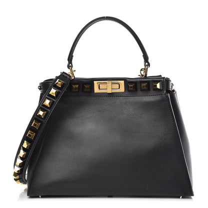 Fendi Vitello Seta Gold Studded Medium Peekaboo Iconic Satchel Black 1 of 11