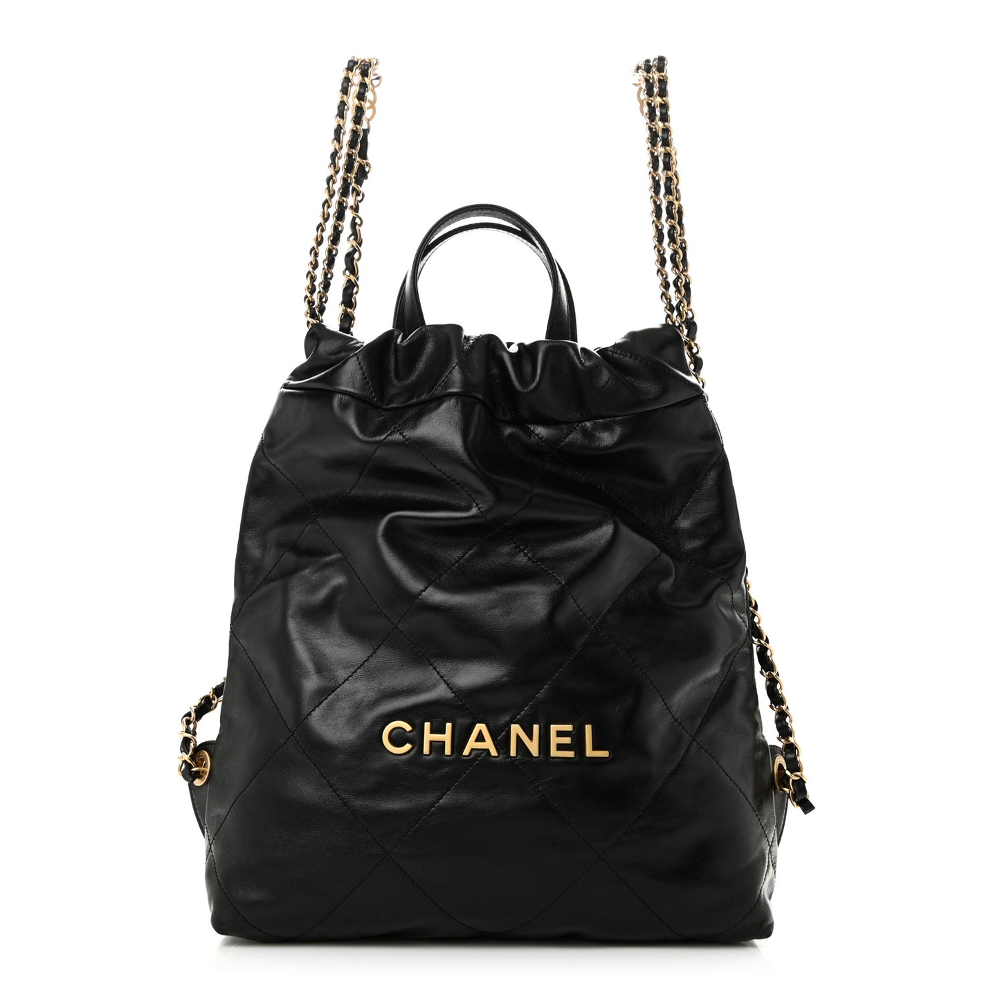 Shiny Calfskin Quilted Chanel 22 Backpack Black