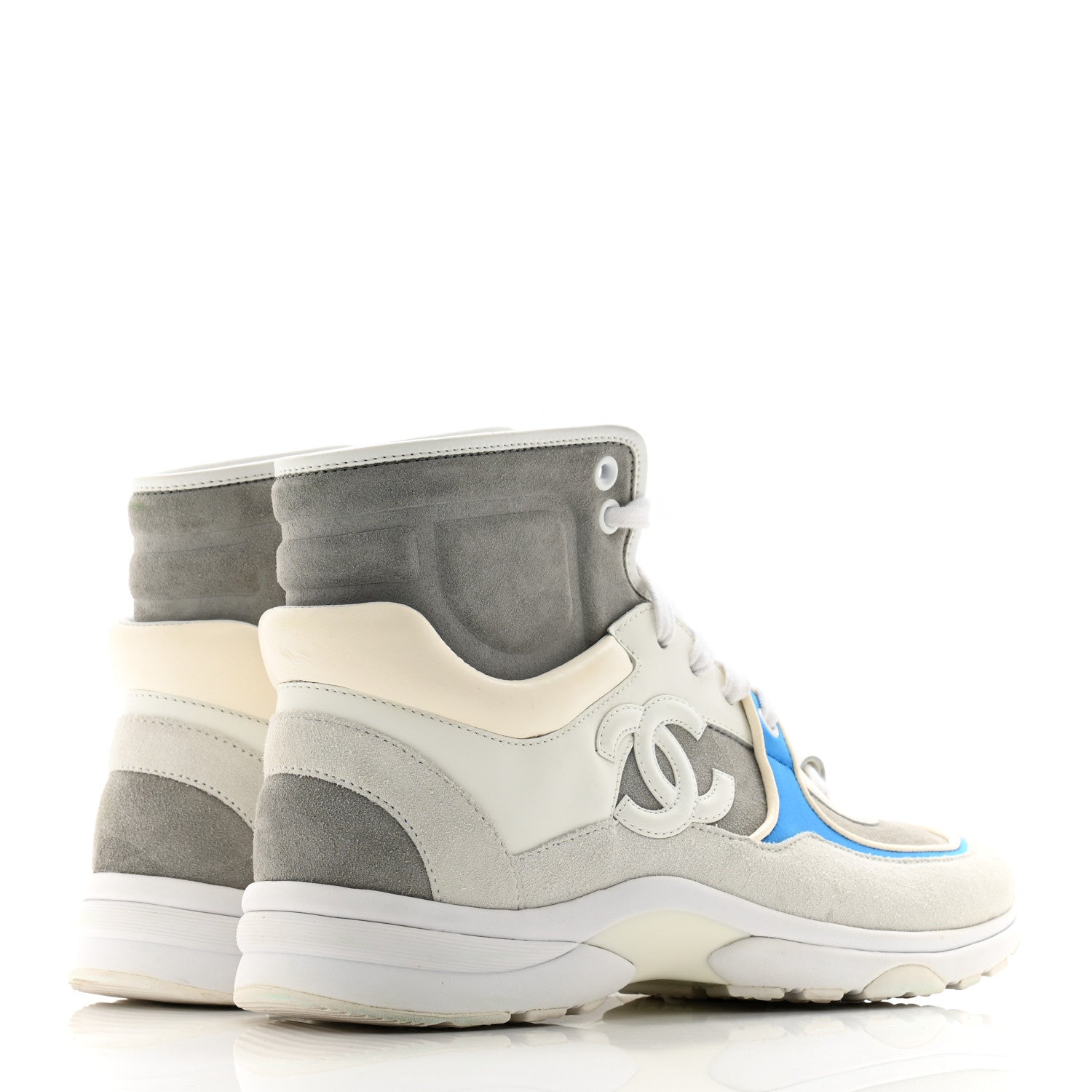 Chanel Suede Calfskin Lambskin High Top CC Sneakers 36.5 White Blue 4 of 11