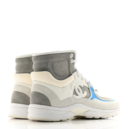 Chanel Suede Calfskin Lambskin High Top CC Sneakers 36.5 White Blue 4 of 11