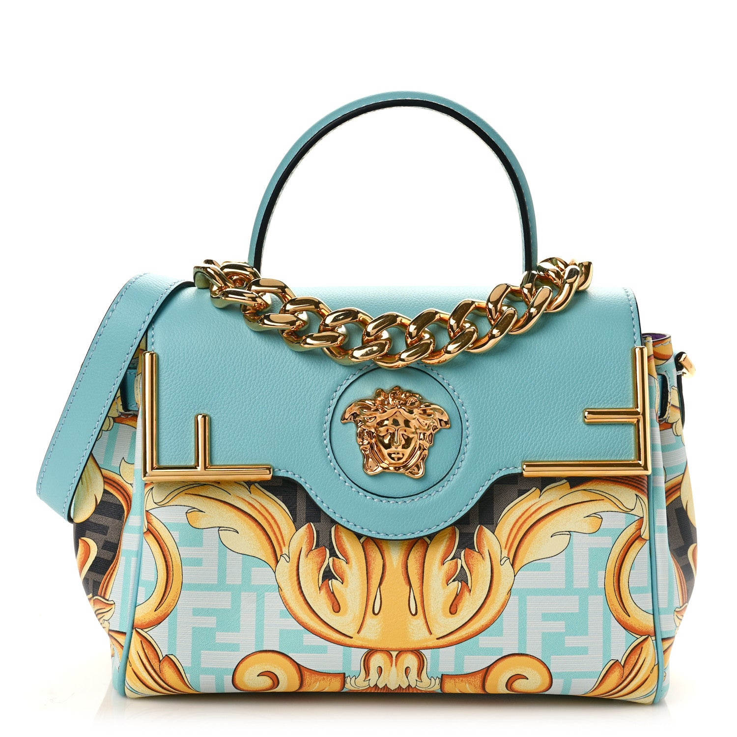 Versace X FENDI Grained Calfskin Fendace La Medusa Medium Top Handle Bag Baby Blue Multicolor 1 of 9