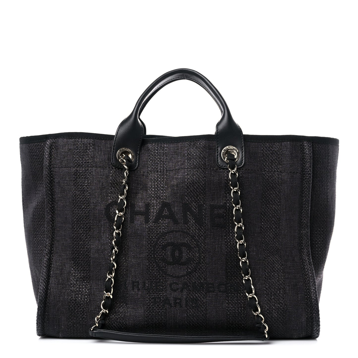 Mixed Fibers Calfskin Striped Medium Deauville Tote Black