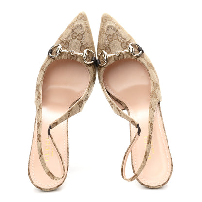 Gucci Canvas GG Monogram Horsebit Slingback Pumps 37.5 Beige Ebony Cocoa 2 of 11