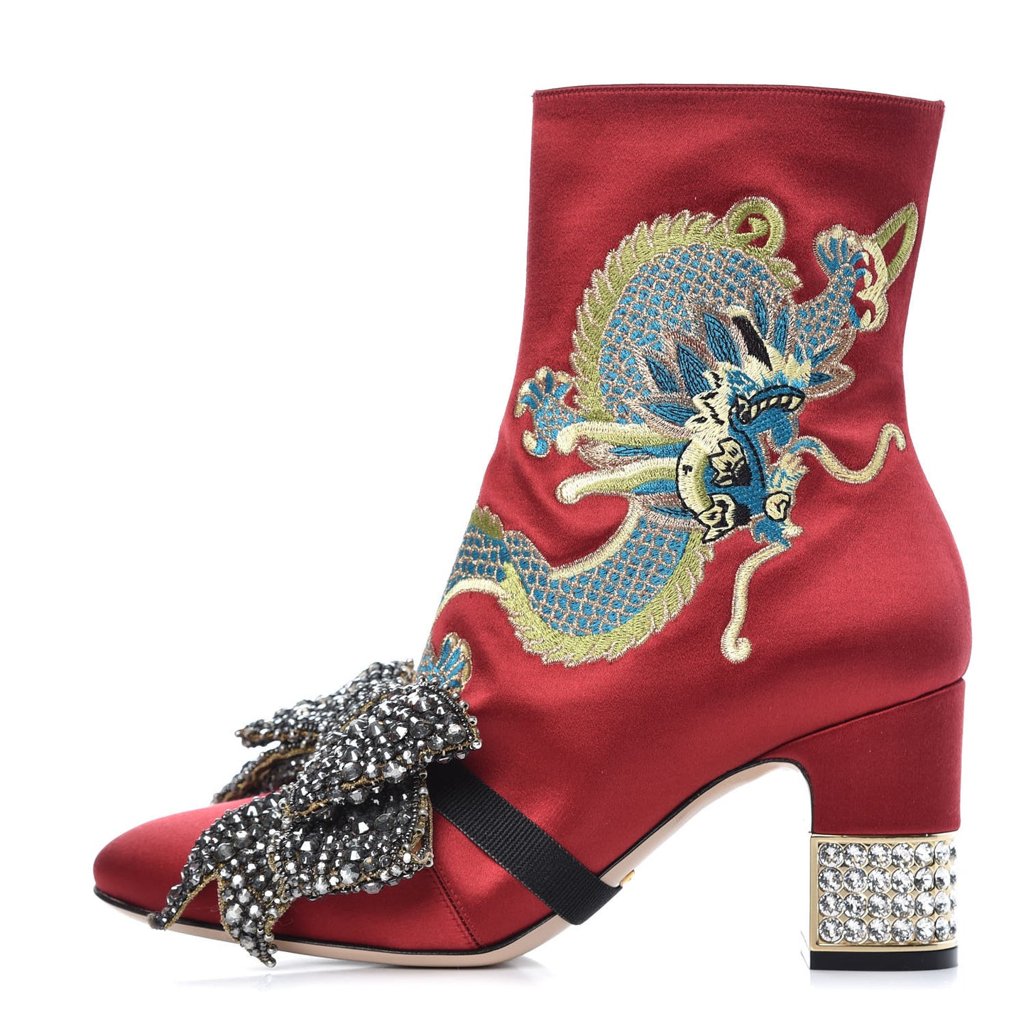 Silk Satin Malaga Kid Embroidered Candy Dragon Block-Heel Ankle Boot 38 Red
