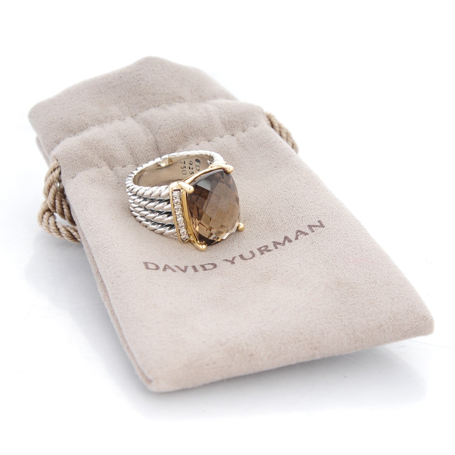 David Yurman Sterling Silver 18K Yellow Gold Diamond Smoky Quartz 16mm Wheaton Ring 54 7 6 of 6