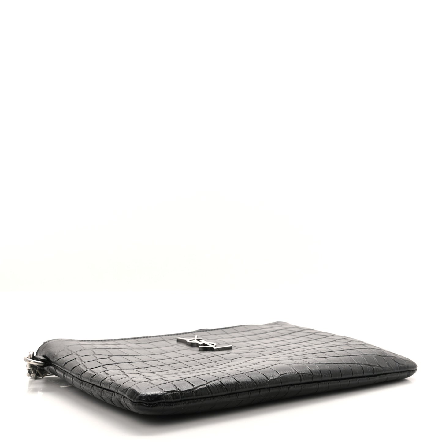 Calfskin Crocodile Embossed Monogram Zip Pouch Black