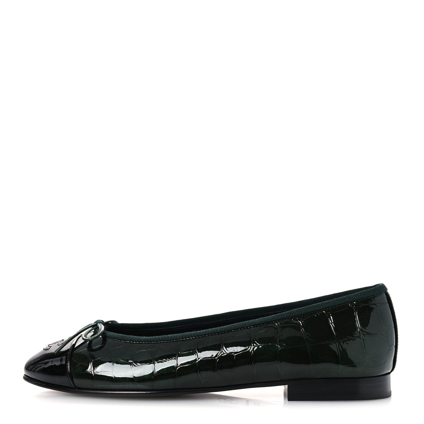 Crocodile Embossed Patent Calfskin Ballet Flats 38.5 Dark Green Black