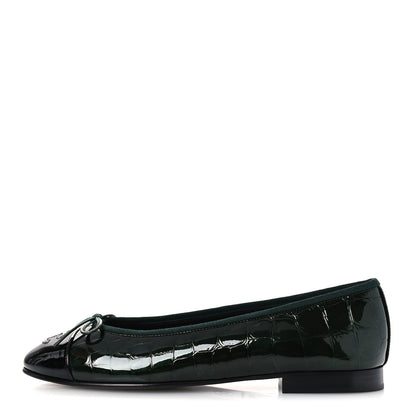 Chanel Crocodile Embossed Patent Calfskin Ballet Flats 38.5 Dark Green Black 1 of 11
