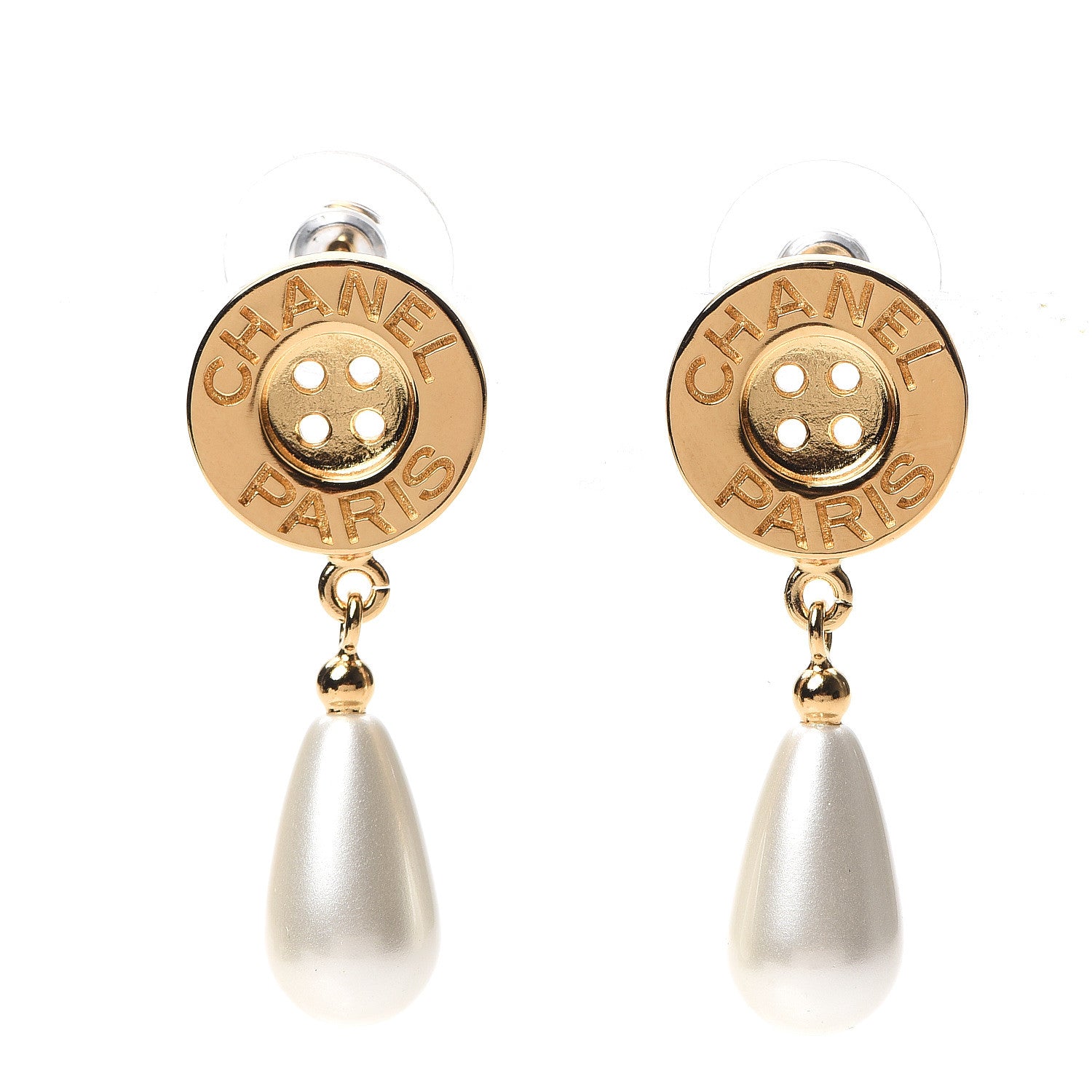 Chanel Metal Pearl Paris Button Drop Earrings Gold 1 of 5