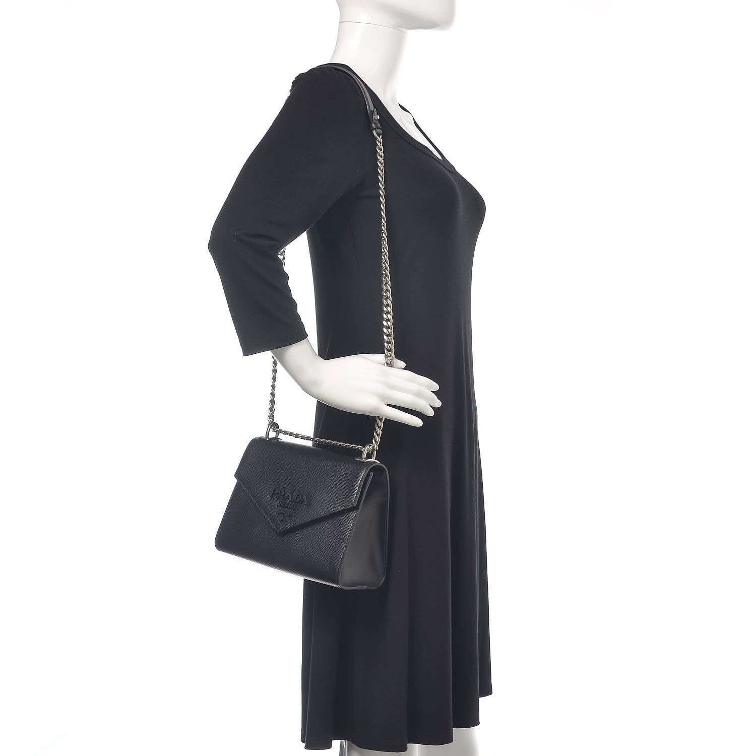 Prada Saffiano Cuir Calfskin Monochrome Envelope Flap Chain Shoulder Bag Black 2 of 11