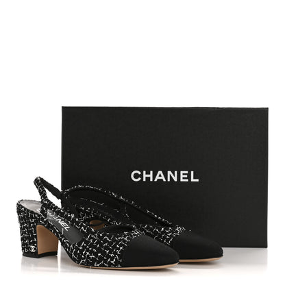 Chanel Tweed Grosgrain Cap Toe CC Slingback Pumps 39 Black White 11 of 11