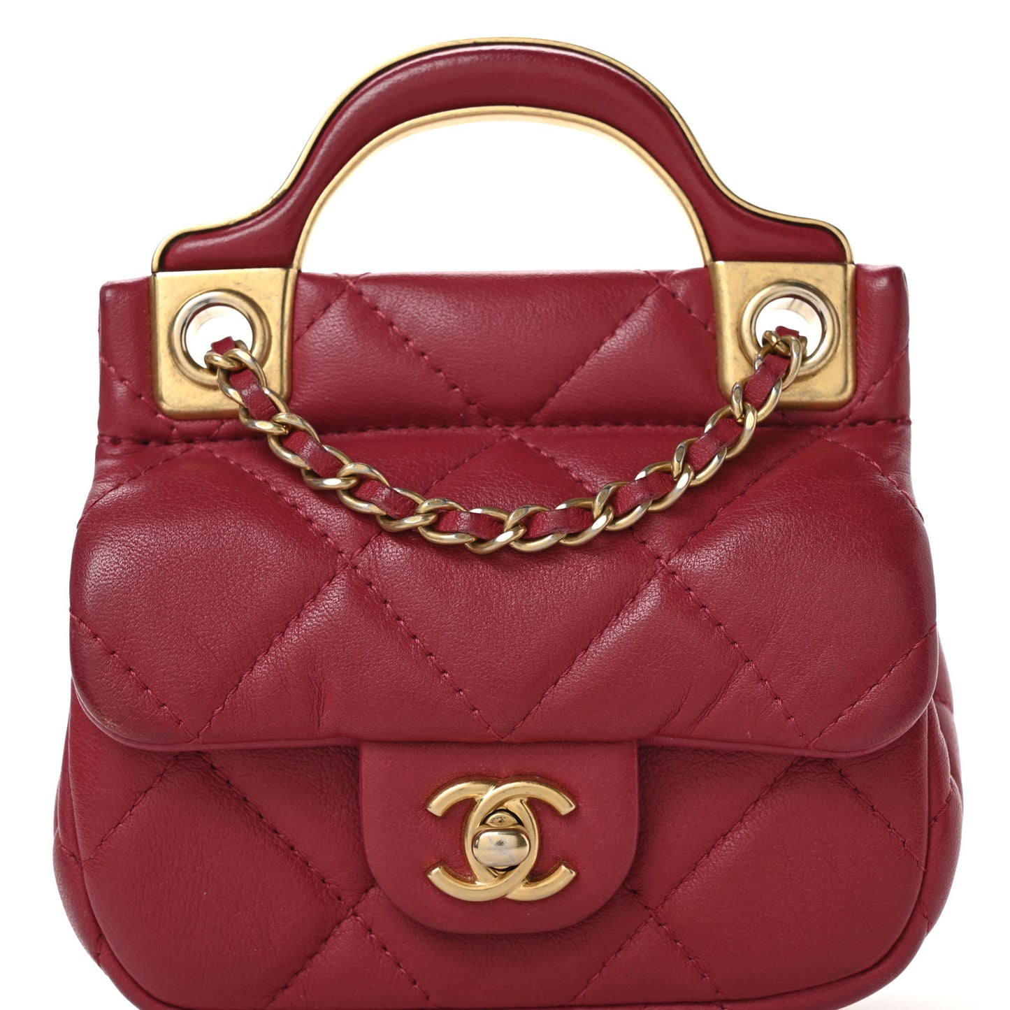 Calfskin Quilted Lady Handle Flap Card Holder With Chain Dark Pink