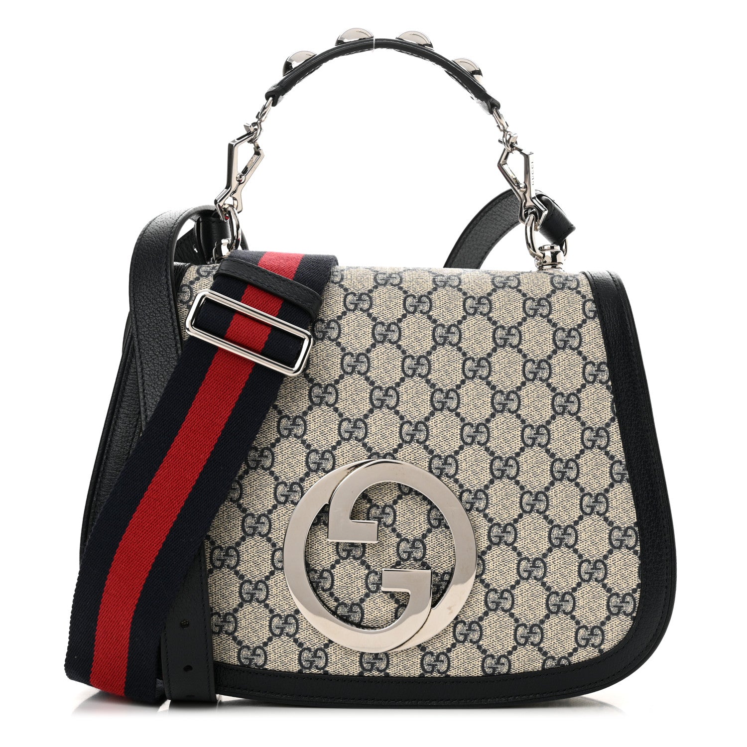 Gucci GG Supreme Monogram Textured Dollar Calfskin Web Medium Blondie Top Handle Shoulder Flap Bag Beige Blue 1 of 10