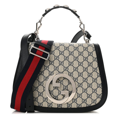 Gucci GG Supreme Monogram Textured Dollar Calfskin Web Medium Blondie Top Handle Shoulder Flap Bag Beige Blue 1 of 10