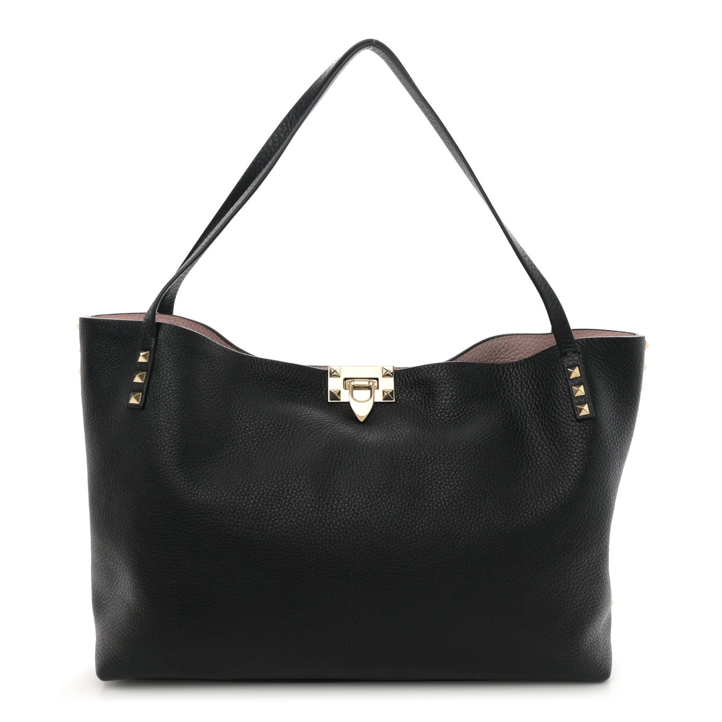 Grained Calfskin Rockstud Flip Lock Tote Black Rose Quartz