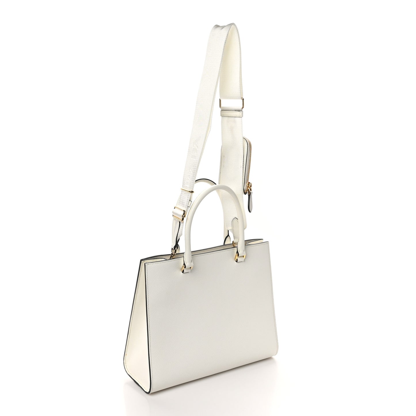 Saffiano Lux Logo Embossed Medium Shoulder Tote Handbag White