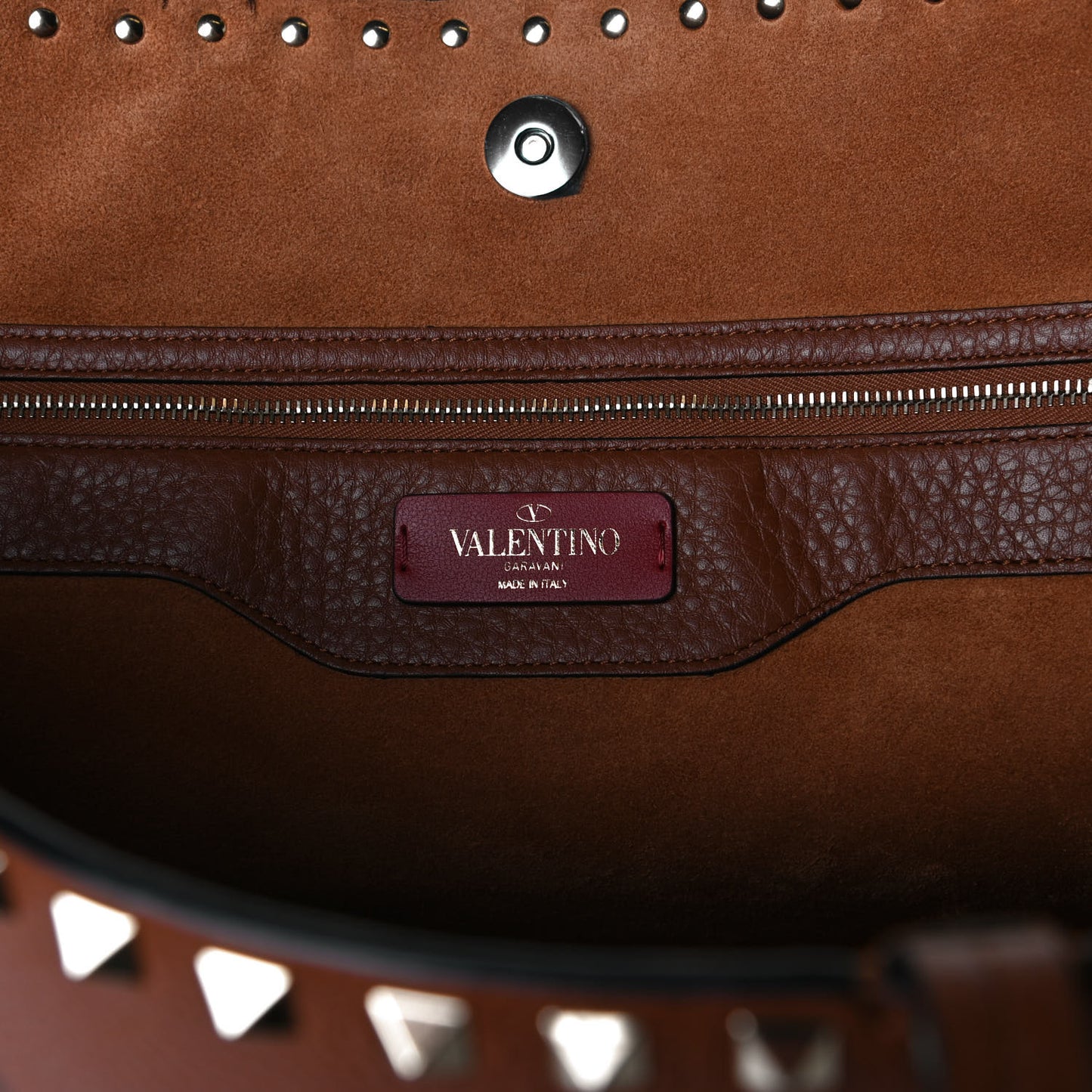 Grained Calfskin Rockstud Shoulder Tote Bright Cognac