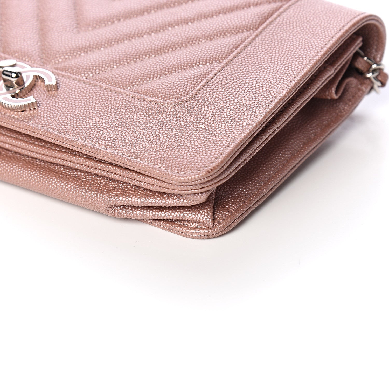 Chanel Metallic Caviar Chevron Quilted Vintage Mademoiselle Wallet On Chain WOC Pink 9 of 11