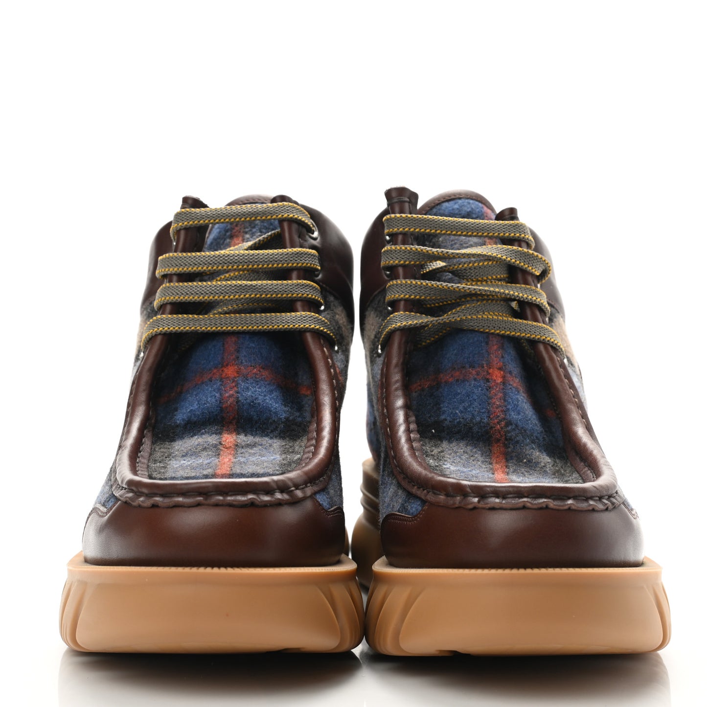 Wool Quebec Calfskin Tartan Plaid Mens Romance GG Hiking Boots 8.5 Brown Lapis Blue Deep Orange Beige
