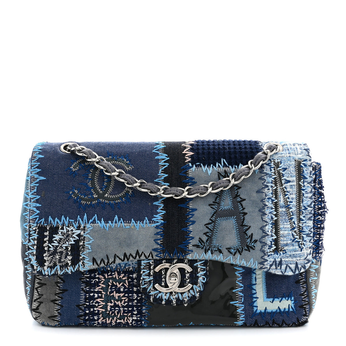 Denim Tweed Patchwork Jumbo Single Flap Blue