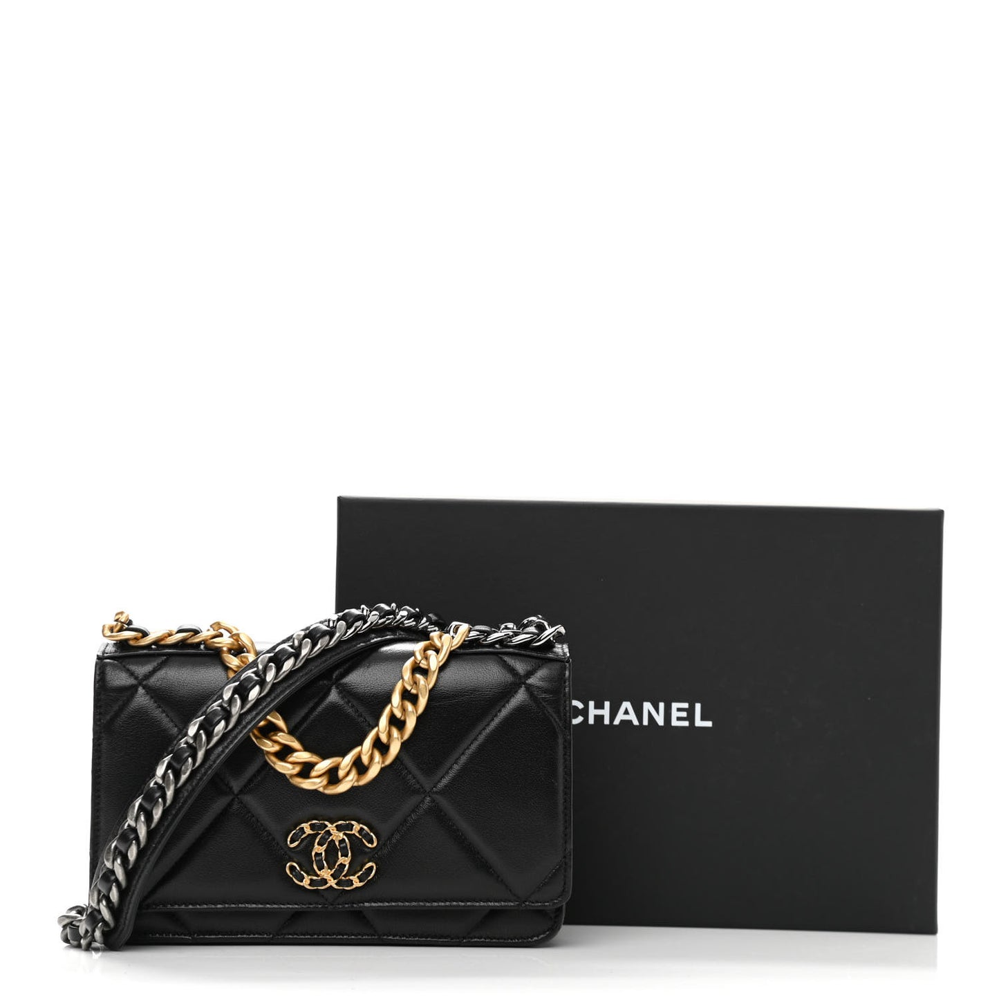 Lambskin Quilted Chanel 19 Wallet On Chain WOC Black