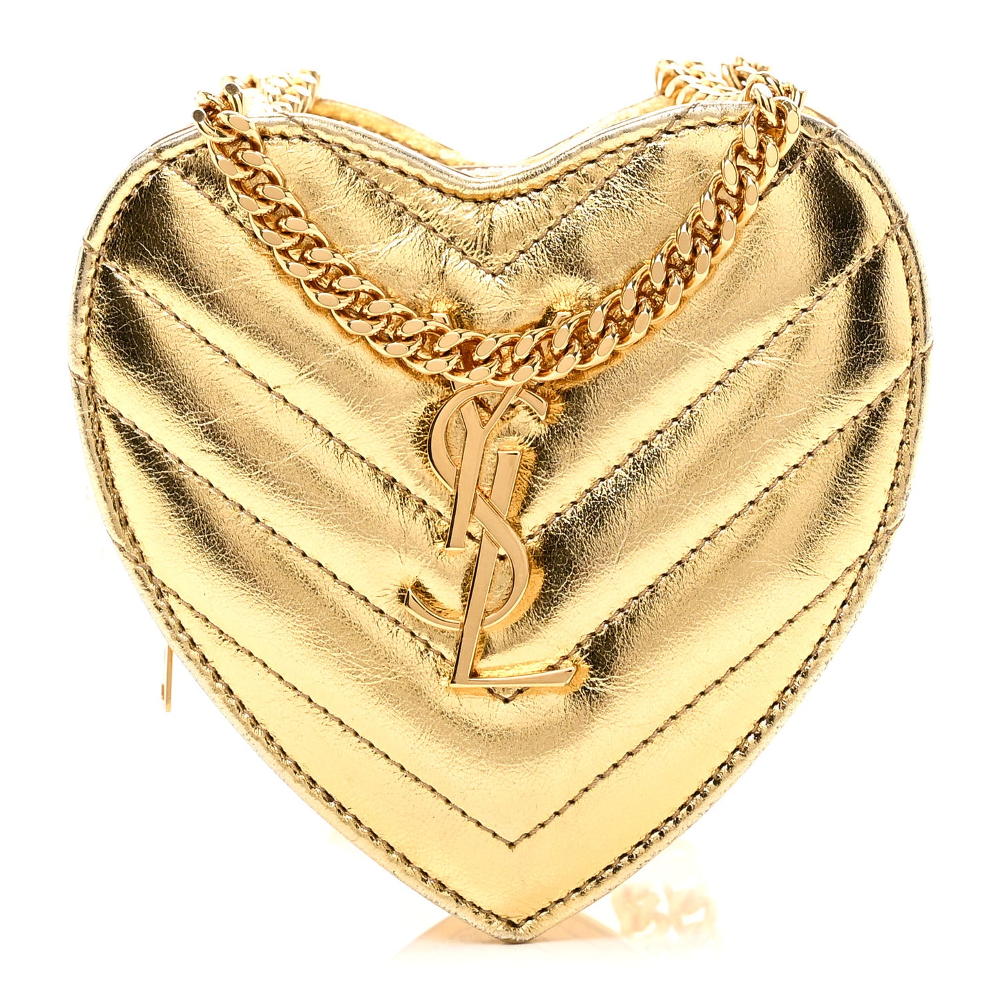 Metallic Calfskin Matelasse Chevron Monogram Small Love Heart Chain Bag Gold